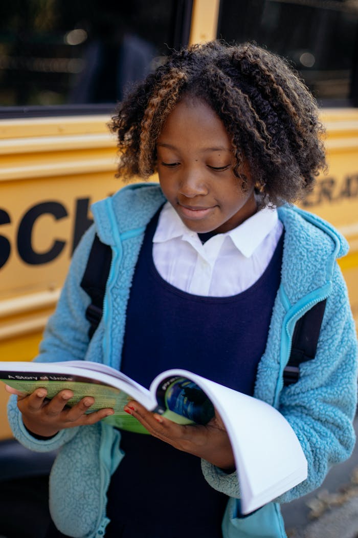 pexels-photo-5896497 Positive black girl reading textbook near school bus